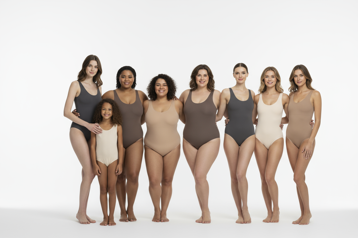 Plusieurs femmes de tout types (fines, potelées, enfant..) portant des shaping smoothing body suits). Image sans texte, fond blanc. Les femmes doivent être rassembles sur le cote droit de limage 